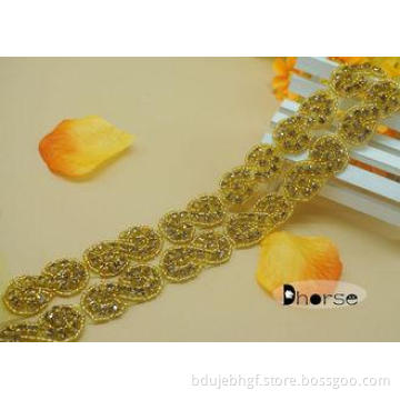 Gold Stone Bling Bling Iron On Rhinestone Beaded Trim For W